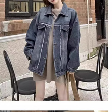 美式潮牌休闲水洗牛仔外套女生秋冬新款翻领宽松渐变设计感上衣潮