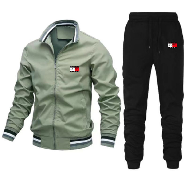 Conjunto de chaqueta informal para hombre 2024 con pantalones de patchwork, chaqueta con cuello alto estilo piloto, conjunto de alta calidad
