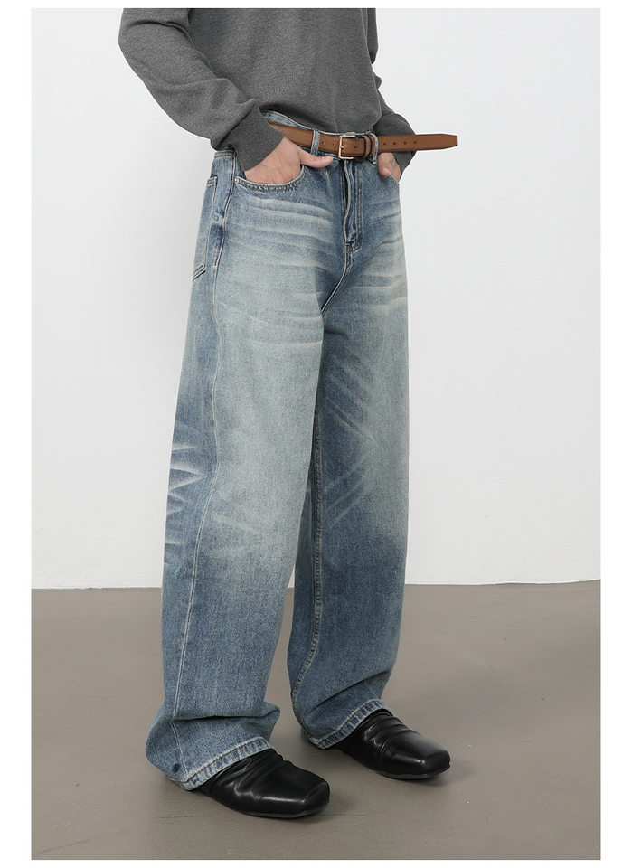 Quần jeans nam ống rộng lưng giữa, dáng suông thoải mái, chất denim washed — màu xanh, màu xanh nhạt, màu xám đen chi tiết 7
