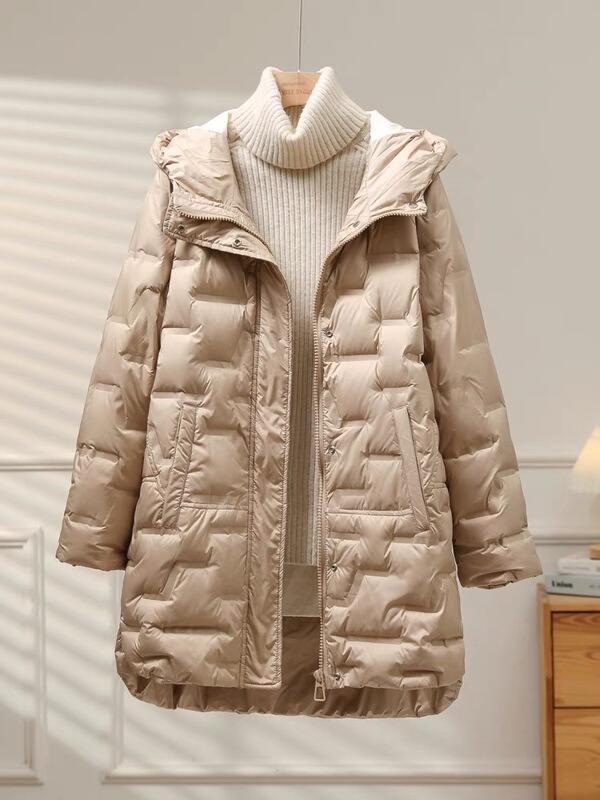 跨境秋冬新款压胶款轻薄羽绒服女韩版中长款白鸭绒简约宽松外套潮|undefined