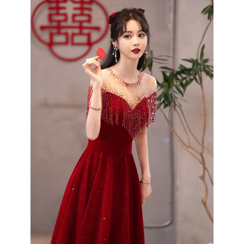 Vestido de novia color burdeos para primavera, para novias de talla pequeña, vestido de compromiso transfronterizo, vestido de noche para mujer.