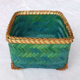 异域风情绿色竹片手工艺术杂物收纳篮筐 装饰花器民族风置物篮