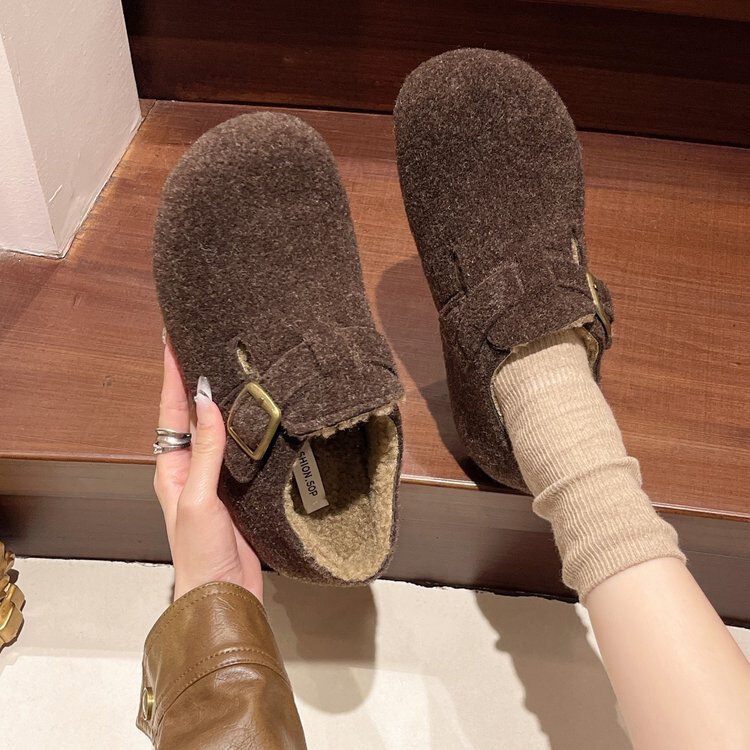 2025 Autumn and Winter Forest Style Retro Felt Ugly Cute Round Toe Belt Buckle Plus Velvet Birkenstock Shoes Autumn and Winter Warm Cotton Shoes for Women