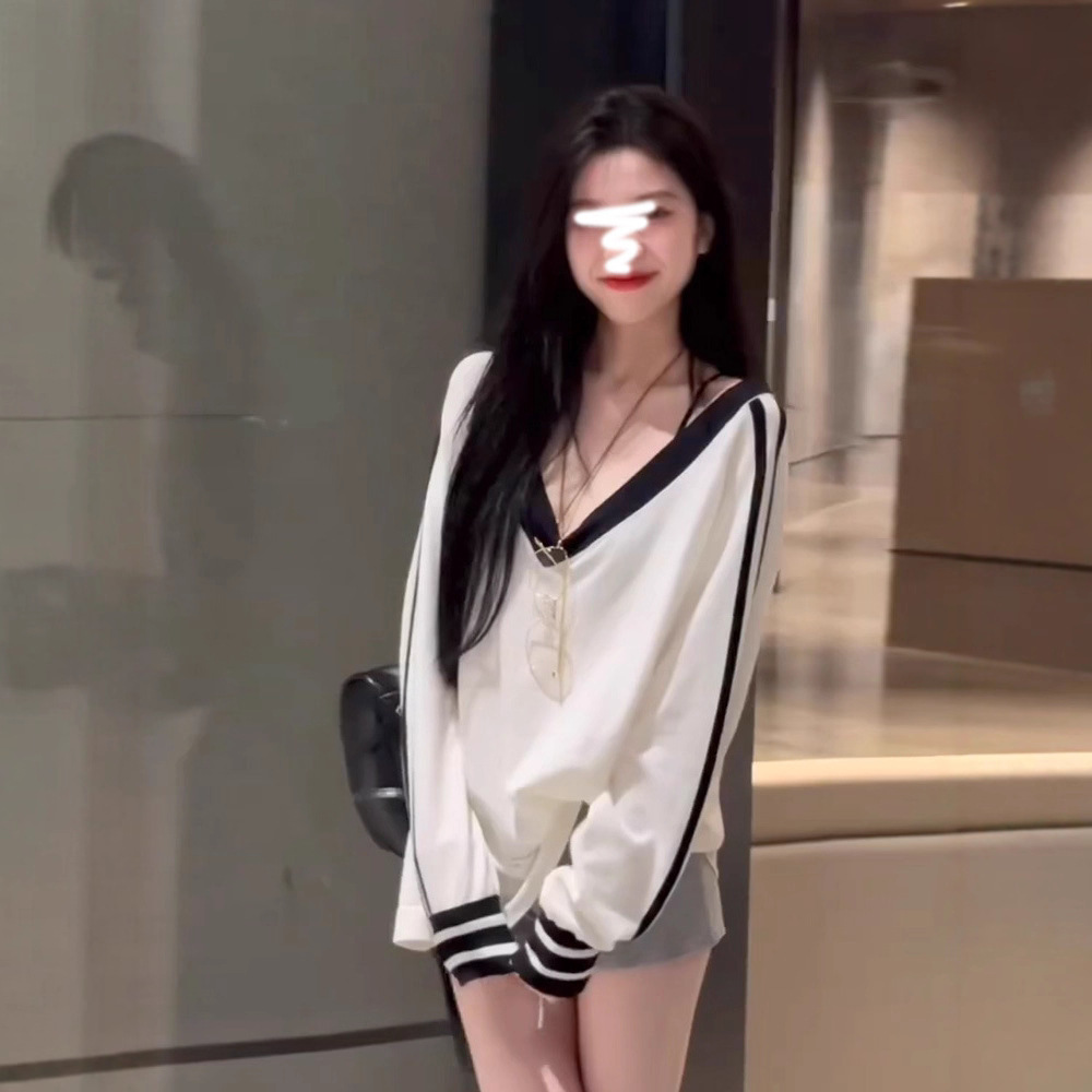 Lazy Style V Neck Long-Sleeved Sweatshirt for Women in Autumn and Winter New Korean Style Casual Versatile Loose Slimming Look Top 6453