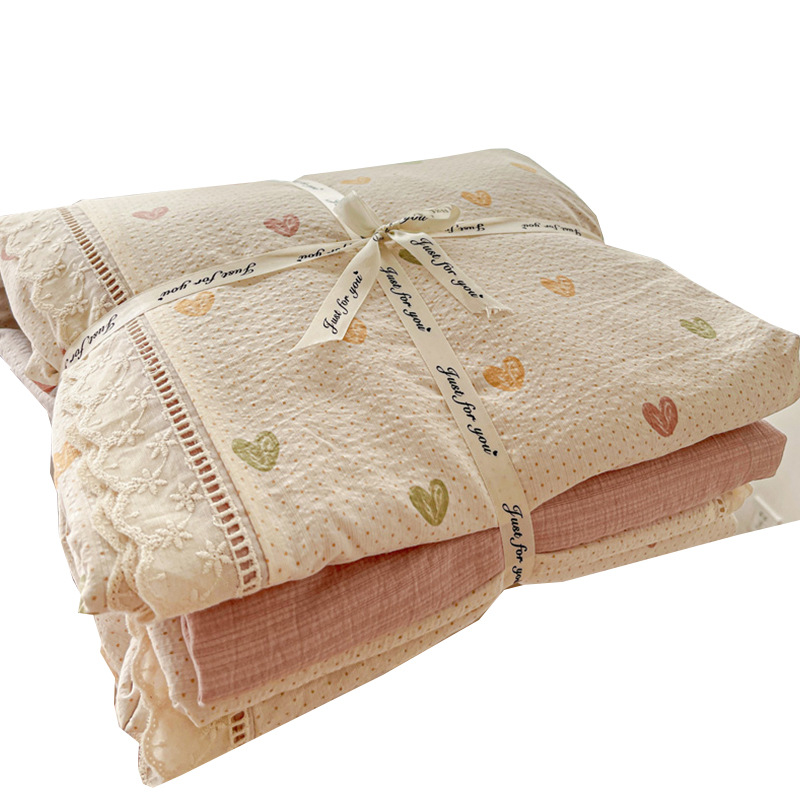 Una sola pieza de colcha de algodón de doble capa de colcha de hilo de flor de viento pastoral, una sola colcha de almohada de corazón de niña, algodón puro, pequeño sueño desnudo fresco
