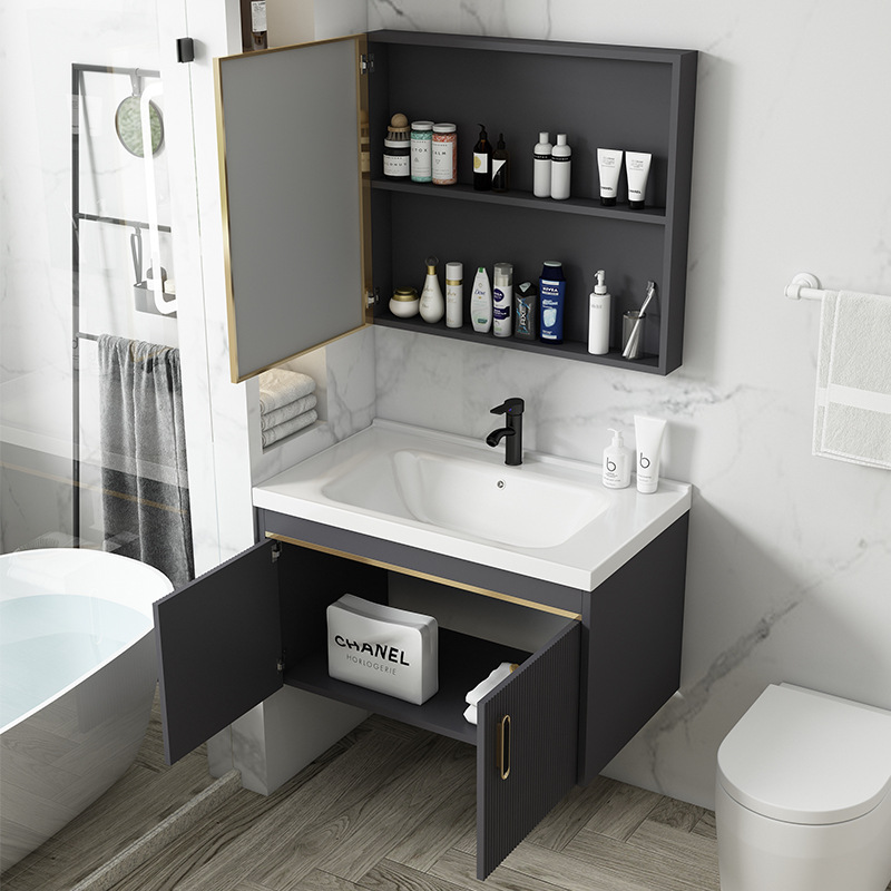 Gabinete de baño de aluminio de espacio de lujo ligero baño moderno minimalista integrado lavabo de cerámica gabinete combinación Placa de roca mesa de lavado