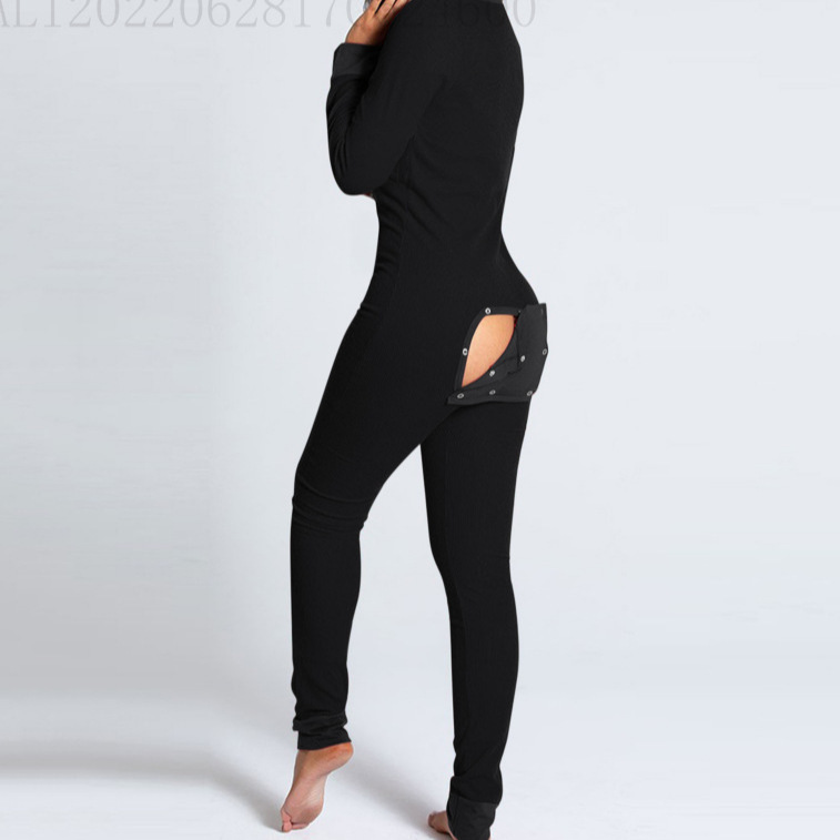 Foreign Trade Autumn and Winter European and American Button Flip Adult Pajamas Front Functional Black Long-Sleeved Home Wear Jumpsuit Foreign Trade Autumn and Winter European and American Button Flip Adult Pajamas Front Functional Black Long-Sleeved Home Wear Jumpsuit