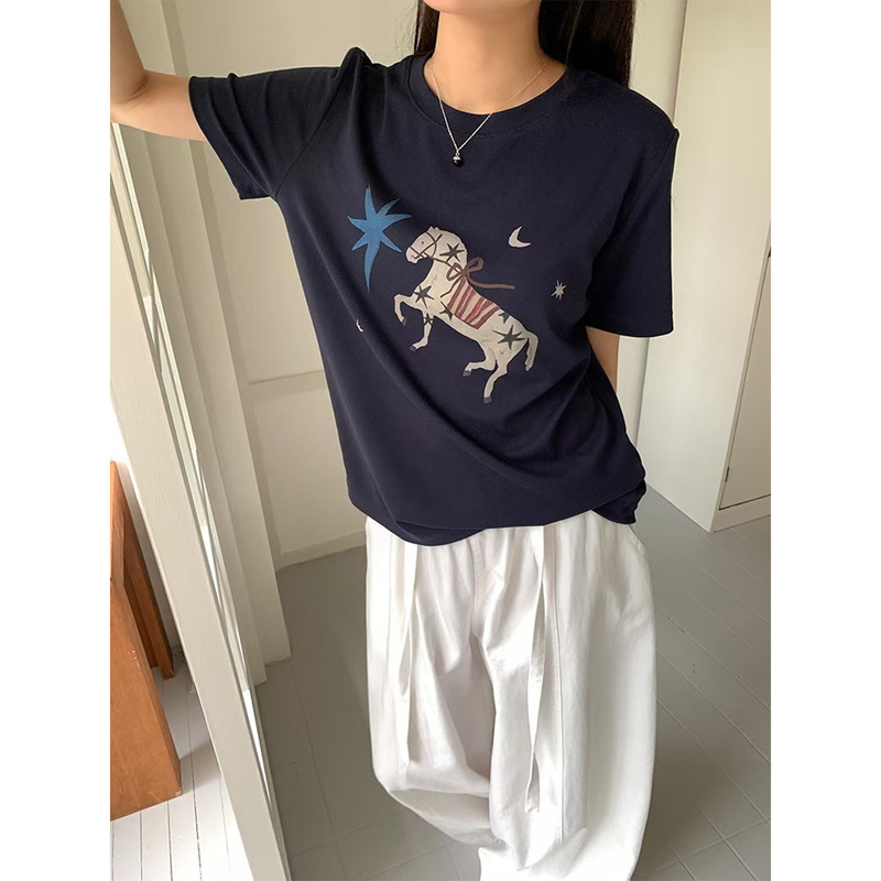 Korean Style Refreshing Sunshine Pony Print Short-Sleeved T-Shirt Trendy Versatile Casual Round Neck Bottoming Top for Women Zh Korean Style Refreshing Sunshine Pony Print Short-Sleeved T-Shirt Trendy Versatile Casual Round Neck Bottoming Top for Women Zh