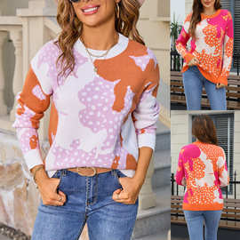 外贸女装秋冬新款套头圆领提花彩色长袖毛衣潮女士时尚休闲针织衫