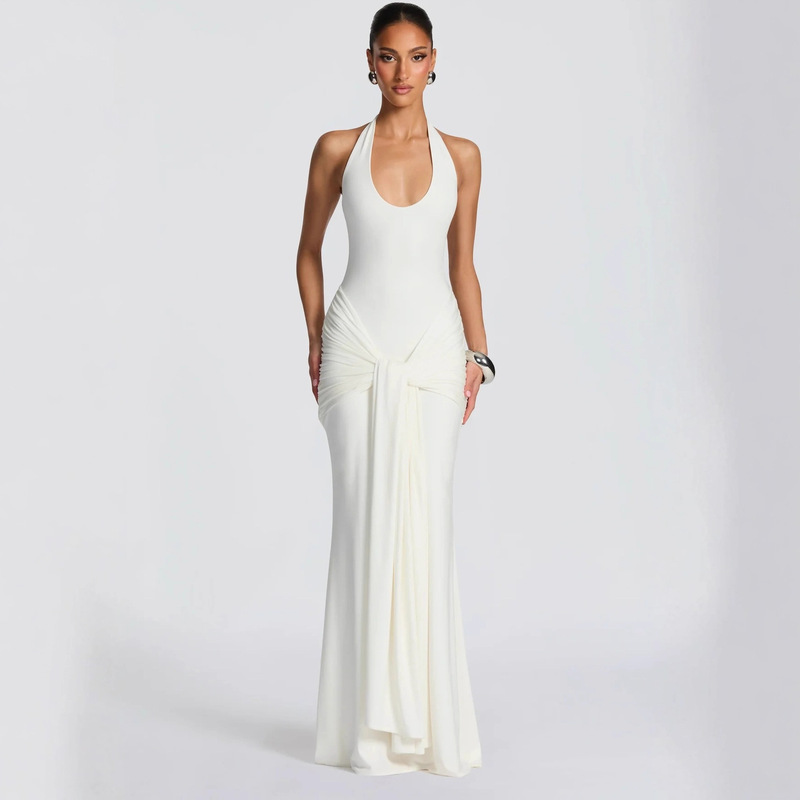 2025 Cross-Border Women's Clothing European and American Style New Style Ribbon Splicing Suspender Long Skirt Slim Fit Hip-Hugging Halter Dress