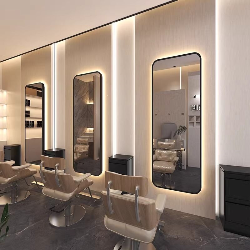 Espejo de peluquería simple, espejo especial para salón de peluquería, espejo de caída geográfica, mesa de peluquería red, lámpara de cinta roja luminosa unilateral, espejo inteligente de pared colgante image 26