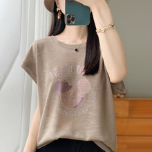 24年夏季新款竹节麻重工烫钻米奇针织短袖T恤女宽松百搭薄款上衣