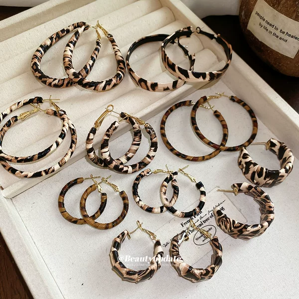 Silver Needle Leather Leopard Print Wrapped Round C-Shaped Water Drop Earrings Vintage Style Earrings Niche High-End Earrings for Women