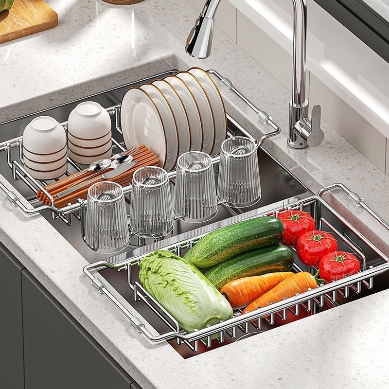 Sink drain rack, stainless steel, adjustable kitchen storage rack, dish and plate draining basket, sink organizer for cups