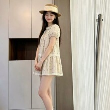波点蕾丝边娃娃裙甜美风泡泡袖圆领蝴蝶结日常通勤百搭款连衣裙女