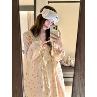 韩国ins甜美粉小熊宫廷风温柔碎花v领家居服睡衣睡袍