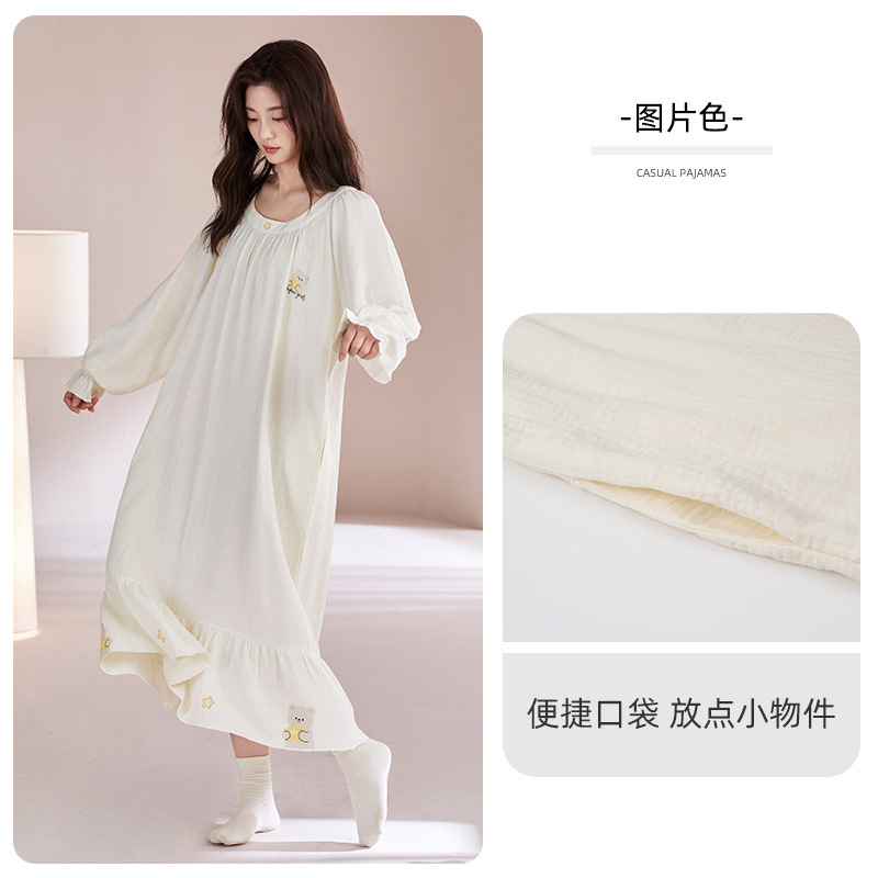 纯棉纱布睡裙女春秋季长袖薄款卡通甜美家居服长款连衣裙圆领套头|undefined