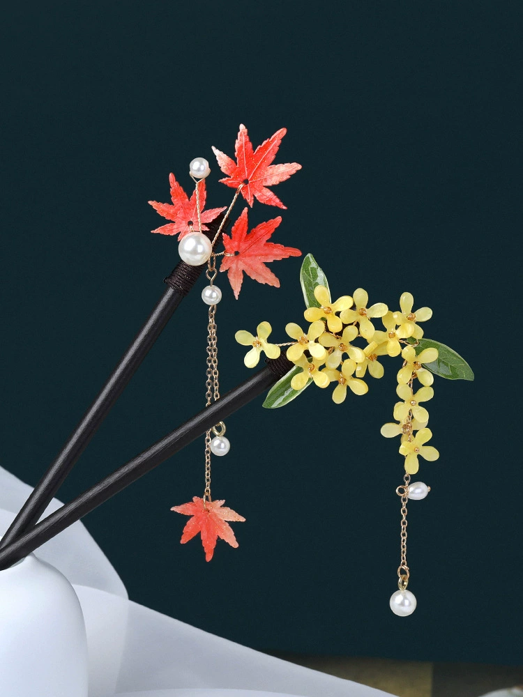 Заколка для волос с османтусом, заколка в древнем стиле, заколка с кленовым листом, цветочная кисточка, деревянная заколка, деревянная заколка, аксессуары для волос в древнем костюме, головной убор династии Хань