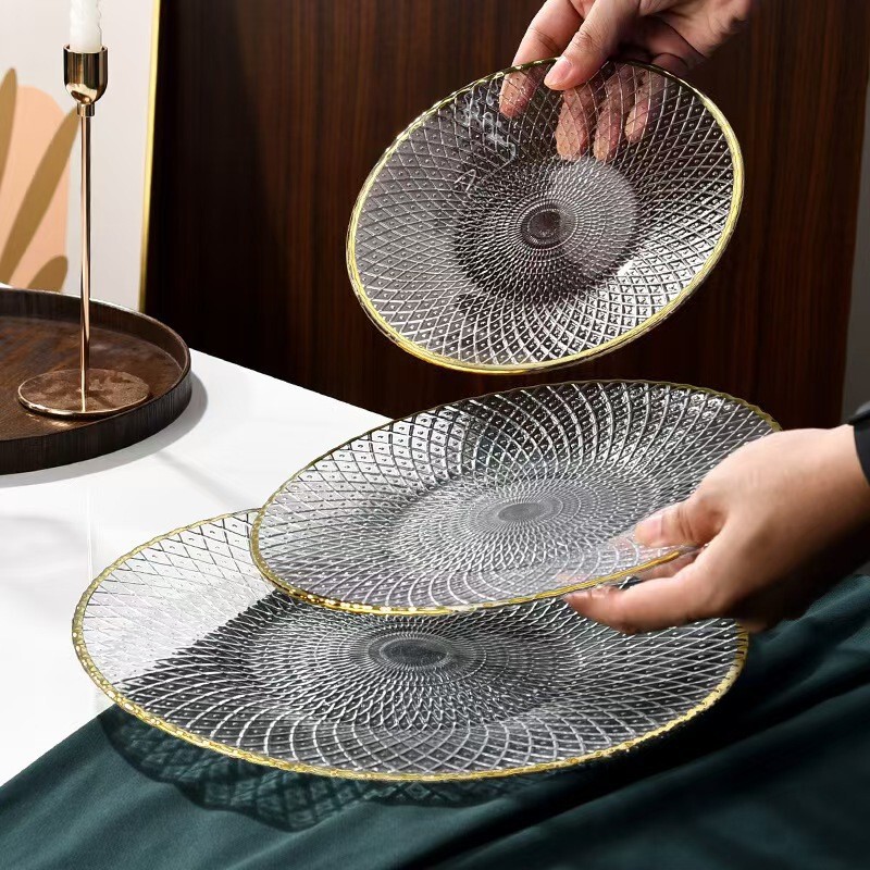 French-Style Fruit Plate, Light Luxury Glass Fruit Plate, Candy Small Plate, Gold-Rimmed Fruit Bowl, Trendy High-End Dried Fruit Plate for the New Year