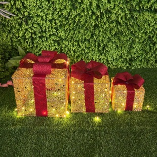 3合1圣诞新年装饰礼盒Led礼品盒铁艺LED灯串新年商超室内氛围装饰-阿里巴巴