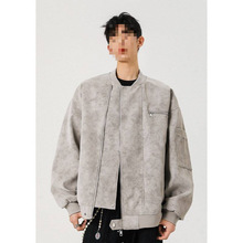 美式vintage棒球服男秋高街痞帅扎染皮夹克设计感短款工装外套潮