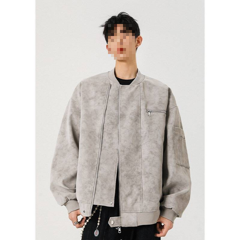 美式vintage棒球服男秋高街痞帅扎染皮夹克设计感短款工装外套潮