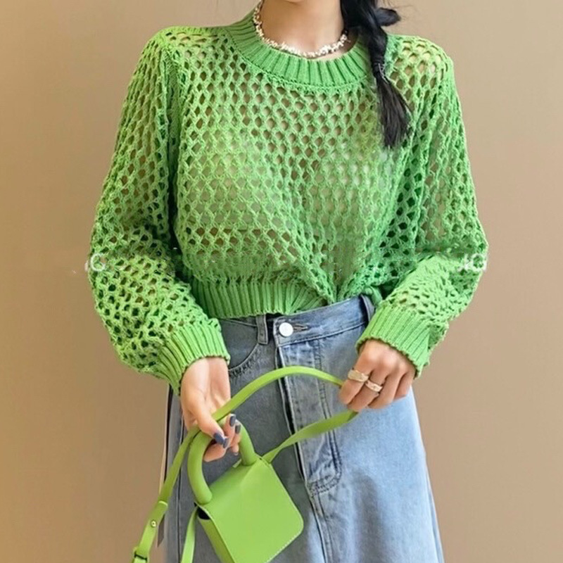 Spring and Summer Korean-style Long-sleeved Hollow Knitwear Women's Solid Color Inner Sling Pullover Round Neck Top Short Grid Design
