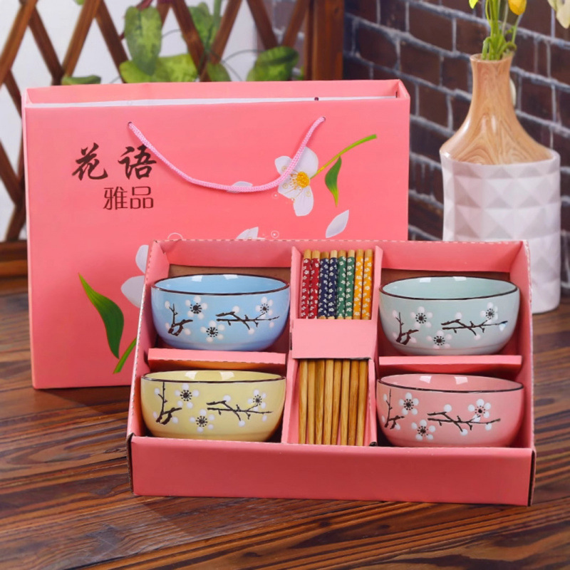 Gift Bowl and Chopsticks Set Wholesale, Household Ceramic Bowl Tableware Set, Bowl and Plate Set, Blue and White Porcelain Bowl Set