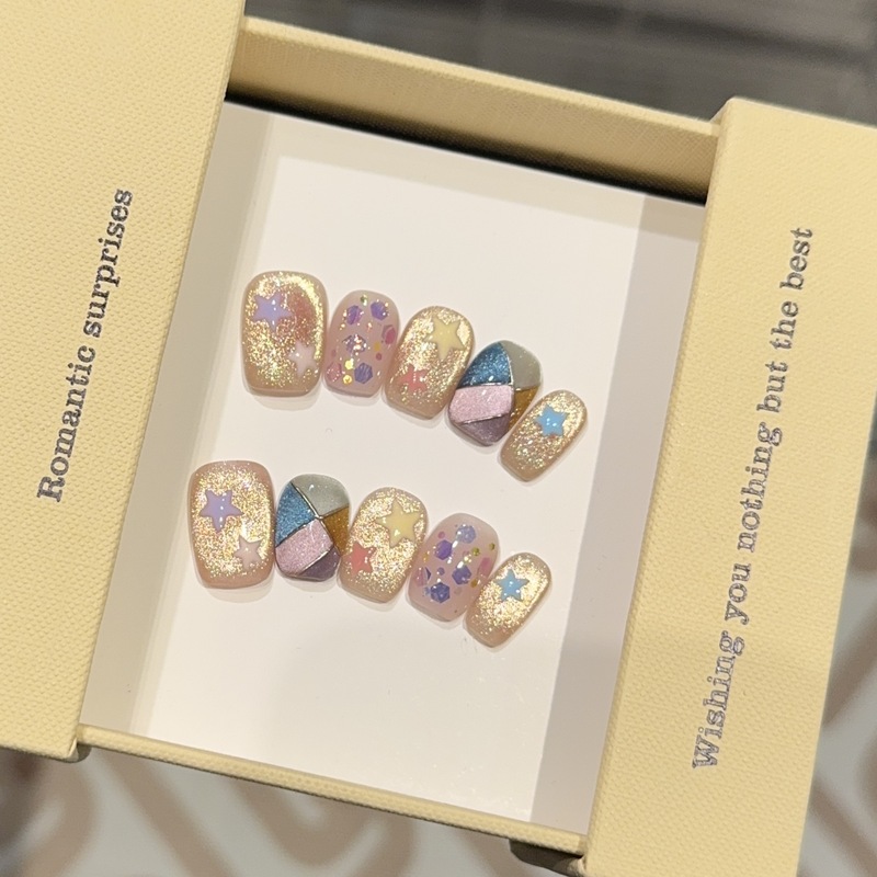 Cute Dopamine Star Cat Eye Short Square Round Handmade Wearable Nails Handmade Manicure Fake Nails