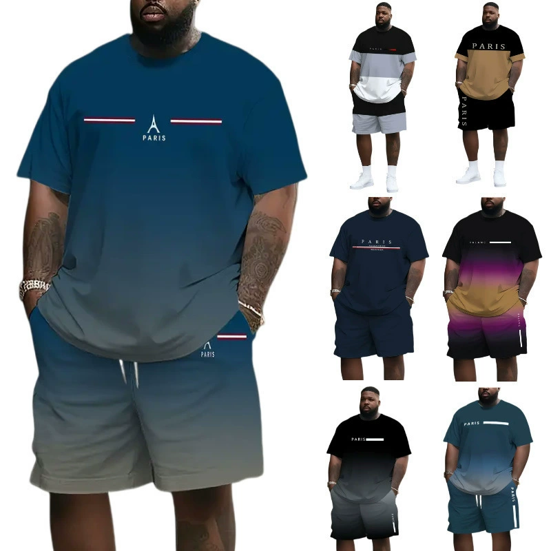 Летний костюм из футболки и шорт с градиентным принтом в европейско-американском стиле, с 3D-цифровой печатью «Парижская башня», для повседневной носки.