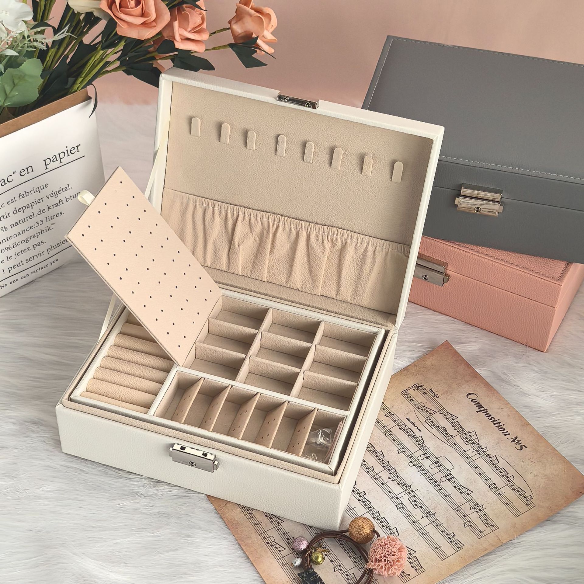 厂家现货双层PU首饰盒收纳简约珠收纳宝盒项链戒指首饰包装盒批发