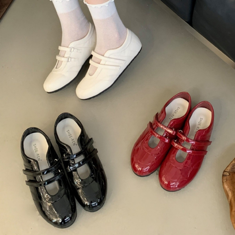 2025 New Spring and Summer Flat Casual Shoes Burgundy Double Buckle Ballet Training Shoes Korean Version Niche Mary Jane Shoes