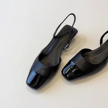 软皮版~法式黑色低跟通勤凉鞋女时尚休闲方头后空真皮拼接包头鞋