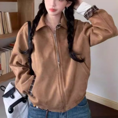 设计感格纹拼接翻领外套女2025秋季新款宽松版型短款时尚夹克上衣