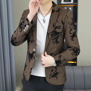 Men's Printed Slim Suit 2025 Autum New Men's Youth Fashion Casual Trend Versatile Suit Jacket