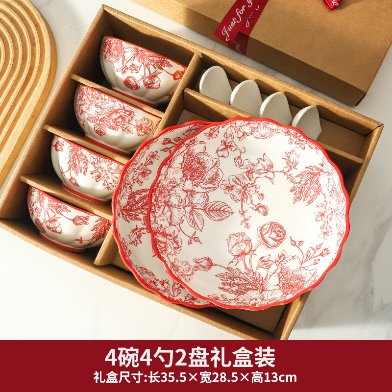 Conjunto de platos Rosas rojas caseras de estilo chino de boda regalo de boda de cerámica conjunto de caja de boda