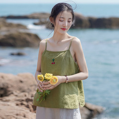 Cotton and linen women's clothing 2024 new sling women's summer linen embroidered inner solid color outer sleeveless top wholesale