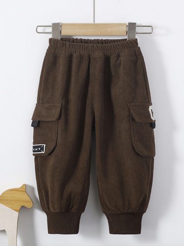Children's new label striped casual pants cartoon art retro plus thin velvet baby all-match embroidered casual pants