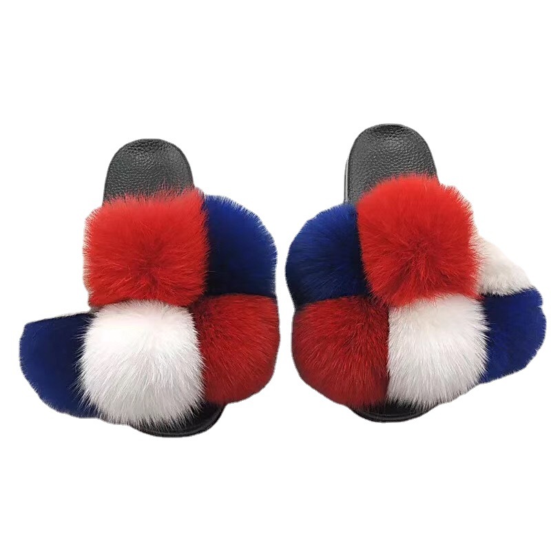 Zapatillas de bola de piel Zapatillas de bola de piel de ratón de zorro real Zapatillas de piel Zapatillas de piel Zapatillas de una palabra Sandalias y zapatillas