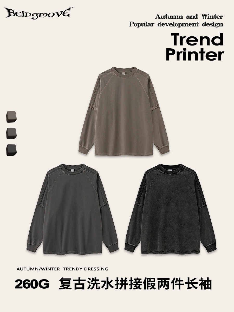 Impresora de marcas| 2025 otoño suelto falso de dos piezas de tela de algodón estriado retro americano lavado camiseta de manga larga
