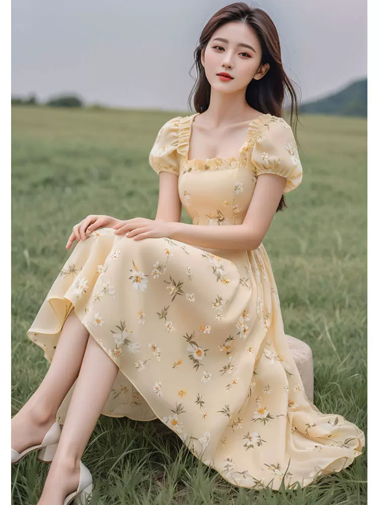 Váy liền hoa vàng tay bồng chít eo phong cách Pháp — Màu vàng