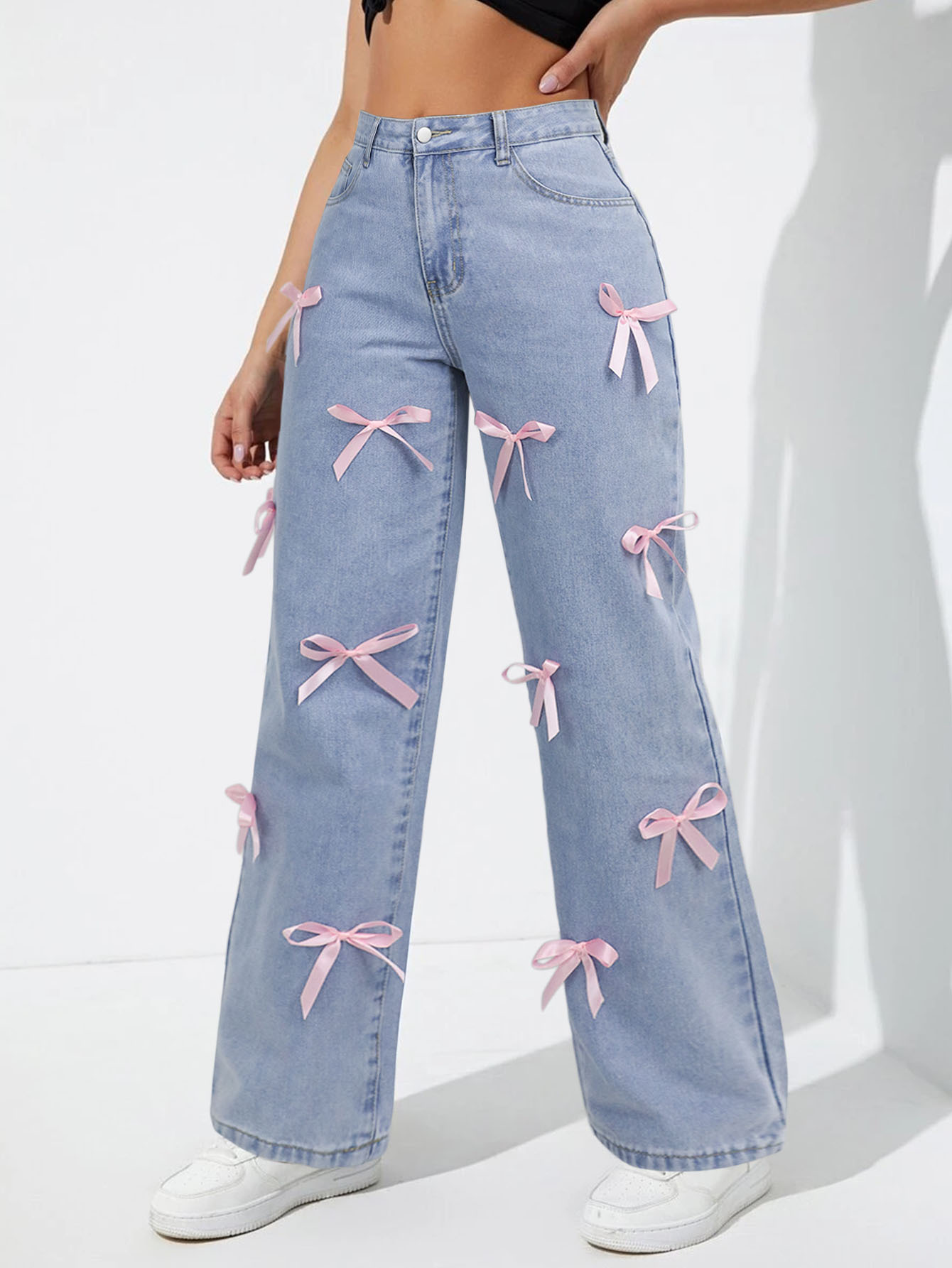 Women's Clothing High Waisted, Bow Tie Patchwork Wide Leg Jeans For Women, Y2K Style, Loose Fit._ecoleips.com