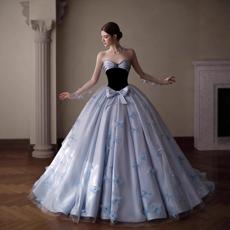 French Evening Dress, Blue Light Wedding Dress, Tube Top, Birthday Coming-Of-Age Ceremony, Princess Tutu Skirt, Engagement Dress, Light Luxury Niche French Evening Dress, Blue Light Wedding Dress, Tube Top, Birthday Coming-Of-Age Ceremony, Princess Tutu Skirt, Engagement Dress, Light Luxury Niche