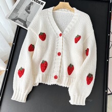 春と秋の気質多用途Vネックニットカーディガン、ファッショナブルで優しく甘い女の子の立体的なイチゴショートセータージャケット|undefined