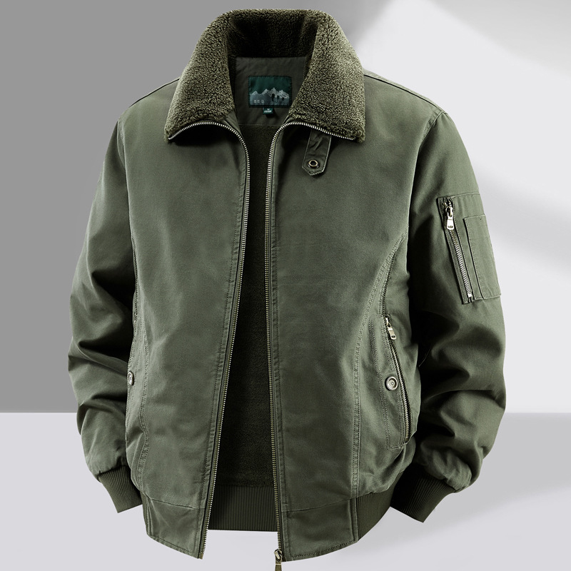 Chaqueta de piloto de la Fuerza Aérea de alta gama para hombres con terciopelo engrosado en invierno y algodón suelto para hombres con solapa de algodón de mediana edad