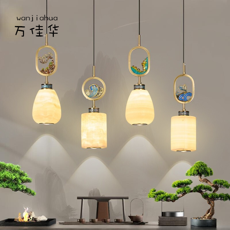玉石床头吊灯新中式卧室吊线灯全铜设计师样板房客厅沙发背景墙灯