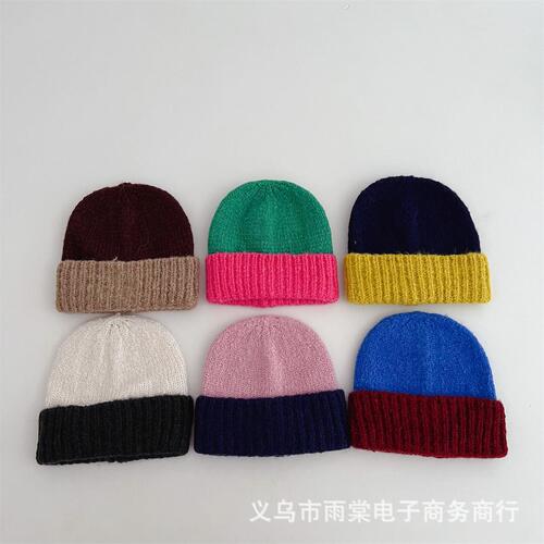 Korean children's knitted hat, personalized color-blocked brimless beanie for autumn and winter, unisex for kids and babies, travel warm knitted hat