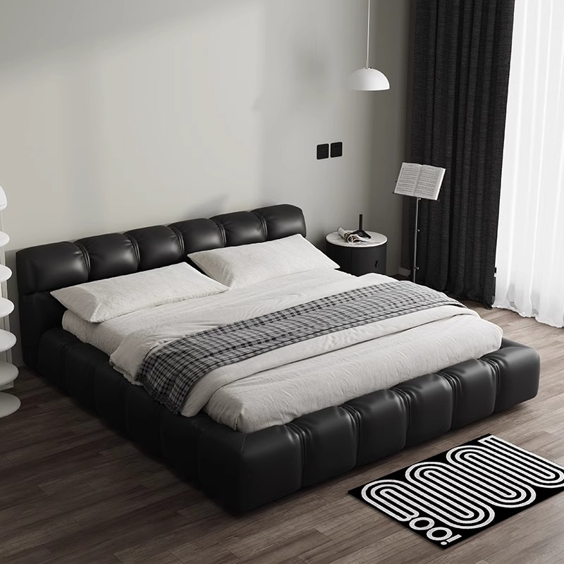 Cama de cuero italiano minimalista cama de puff negro dormitorio principal almacenamiento cama matrimonial cama doble 2 * 2.2m cama de tatami queen