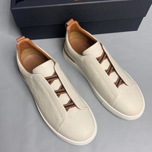 工厂新款杰妮亚头层牛皮男鞋真皮奢华鹿皮板鞋百搭一脚蹬休闲鞋