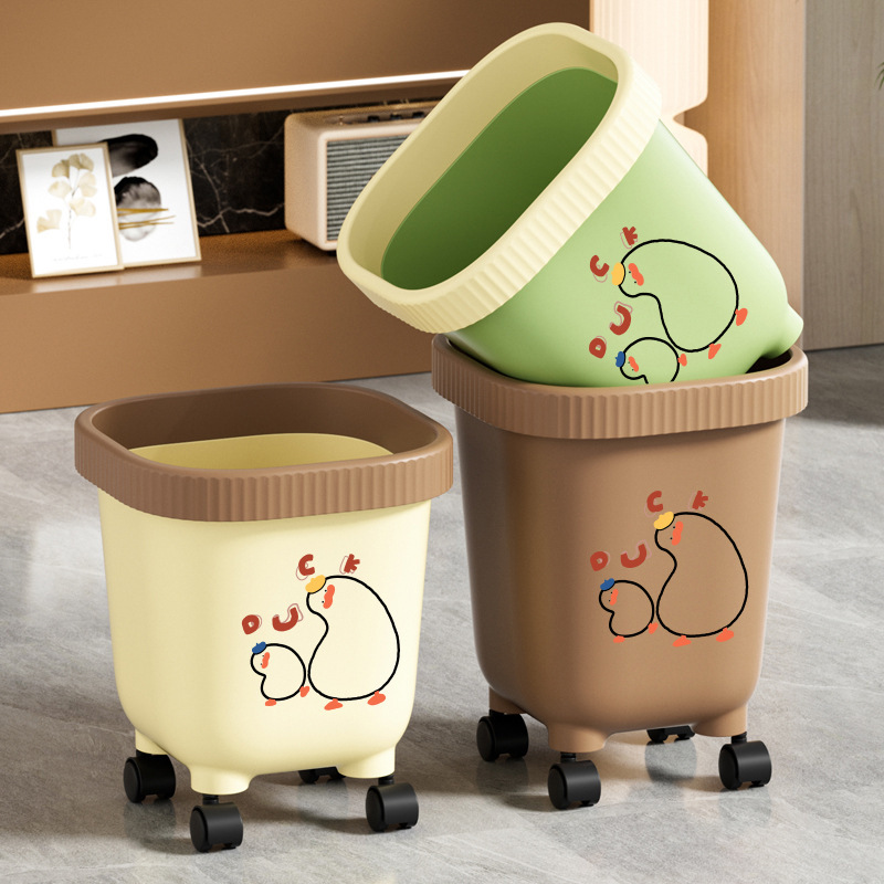 Thickened plastic cartoon trash can with wheels and no lid, durable and hygienic, deep storage bin, press-ring garbage basket